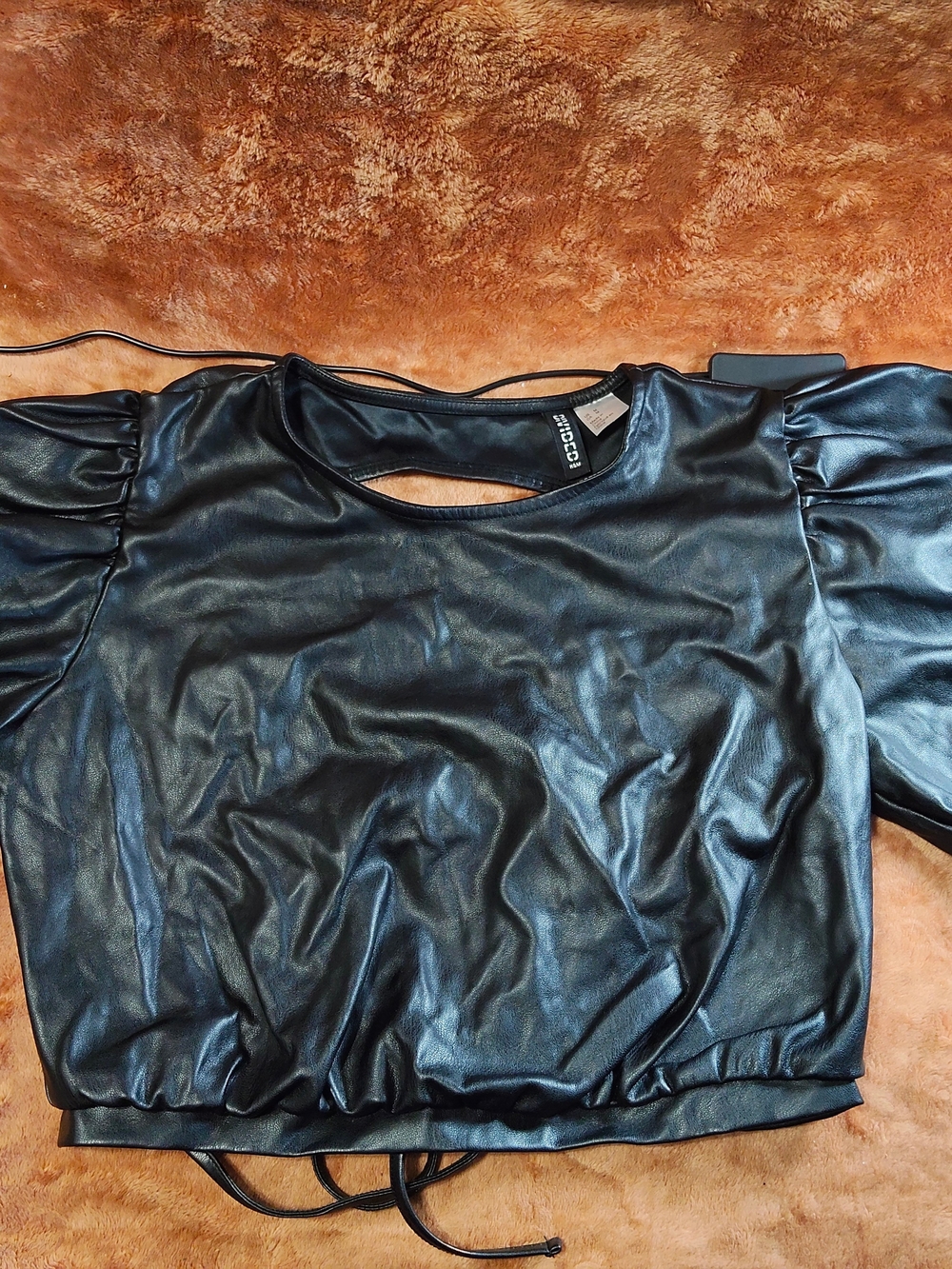 Divided Black Faux Leather Puff Sleeve Crop Top
